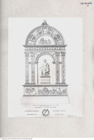 Vorderseite von Bibliotheca Hertziana [http://creativecommons.org/publicdomain/mark/1.0/] Raccolta di monumenti sacri e sepolcrali sculpiti in Roma nei secoli XV. e XVI. / misurati e disegnati dallo Arch. Francesco M. Tosi e a contorno intagliati in rame da Alessandro Becchio1a parteGrabmonument für Dante Alighieri (Titelblatt des 1.Teils) - , bh338044. Foto.