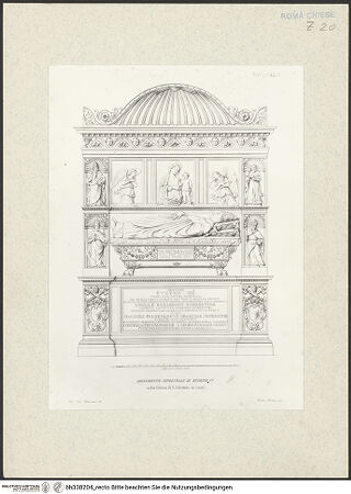 Vorderseite von Bibliotheca Hertziana [http://creativecommons.org/publicdomain/mark/1.0/] Raccolta di monumenti sacri e sepolcrali sculpiti in Roma nei secoli XV. e XVI. / misurati e disegnati dallo Arch. Francesco M. Tosi e a contorno intagliati in rame da Alessandro BecchioVa parteTaf. 129: Grabmal von Eugen IV. Condulmer - , bh338204_recto. Foto.