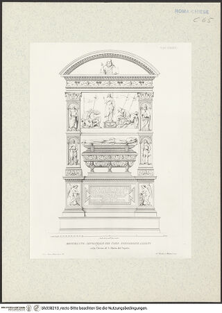 Vorderseite von Bibliotheca Hertziana [http://creativecommons.org/publicdomain/mark/1.0/] Raccolta di monumenti sacri e sepolcrali sculpiti in Roma nei secoli XV. e XVI. / misurati e disegnati dallo Arch. Francesco M. Tosi e a contorno intagliati in rame da Alessandro BecchioVa parteTaf. 140: Grabmal des Kardinals Bernardino Lonato in Santa Maria del Popolo - , bh338213_recto. Foto.