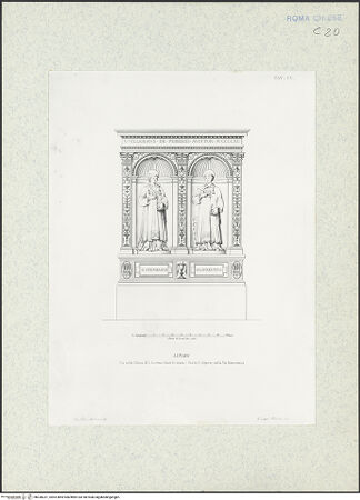 Vorderseite von Bibliotheca Hertziana [http://creativecommons.org/publicdomain/mark/1.0/] Raccolta di monumenti sacri e sepolcrali sculpiti in Roma nei secoli XV. e XVI. / misurati e disegnati dallo Arch. Francesco M. Tosi e a contorno intagliati in rame da Alessandro BecchioIVa parteTaf. 105: Altar mit Reliefs der heiligen Stefan und Laurentius - , bh338231_recto. Foto.