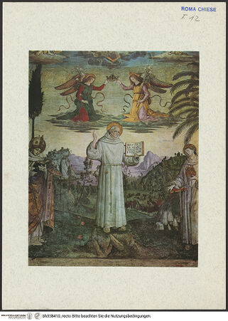 Vorderseite von  [https://www.deutsche-digitale-bibliothek.de/content/lizenzen/rv-ez/] Szenen aus dem Leben des heiligen Bernhardin von SienaChristus in der Mandorla und die Heiligen Berhardin, Antonius von Padua und Ludwig von Toulouse - Detail: Bernhardin und krönende Engel, bh338410_recto. Foto.