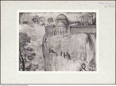 Vorderseite von Bibliotheca Hertziana [https://www.deutsche-digitale-bibliothek.de/content/lizenzen/rv-fz/] Die Taten des Herkules und Laubengang mit TierenHerkules am Scheideweg - Detail (links oben), bh338787_recto. Foto.