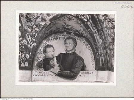 Vorderseite von unbekannt [https://www.deutsche-digitale-bibliothek.de/content/lizenzen/rv-fz/] Apotheose des Federico Zuccari, Allegorien und Porträts der Familie ZuccariLünetten mit Porträts der Familie ZuccariFederico und sein Bruder Taddeo - , bh338788_recto. Foto: Vasari, Giorgio.