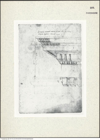 Vorderseite von Fogg Art Museum [https://www.deutsche-digitale-bibliothek.de/content/lizenzen/rv-ez/] Sogenanntes Sangallo SketchbookKranzgesims und Detail des Zahnschnittfrieses - , bh341180_recto. Foto.