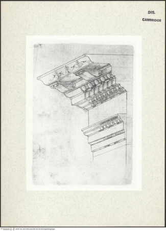 Vorderseite von Fogg Art Museum [https://www.deutsche-digitale-bibliothek.de/content/lizenzen/rv-ez/] Sogenanntes Sangallo SketchbookReich verziertes Gebälk, perspektivischer Aufriss und Schnitt - , bh341182_recto. Foto.