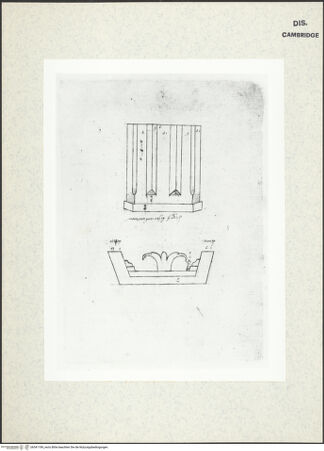 Vorderseite von Fogg Art Museum [https://www.deutsche-digitale-bibliothek.de/content/lizenzen/rv-ez/] Sogenanntes Sangallo SketchbookSchnitt durch ein Kassettendeckpanel und Detail einer Triglyphe der Basilica Aemilia - , bh341189_recto. Foto.