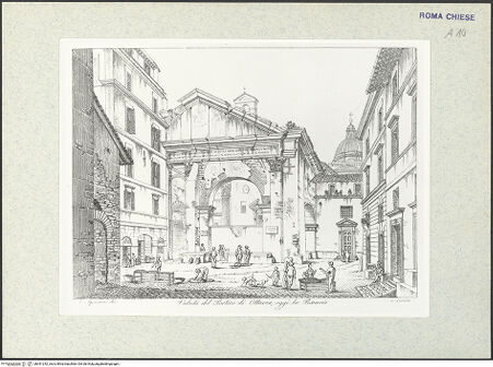 Vorderseite von Bibliotheca Hertziana [http://creativecommons.org/licenses/by-nc-sa/4.0/] Album... of Rome... the present work engraved this size by Anthony Acquaroni in outline was originally drawn by himself from the originals; 2 BändeBand 1Tafel 39: S. Angelo in Pescheria (Portico dell'Ottavia) - , bh341242_recto. Foto.
