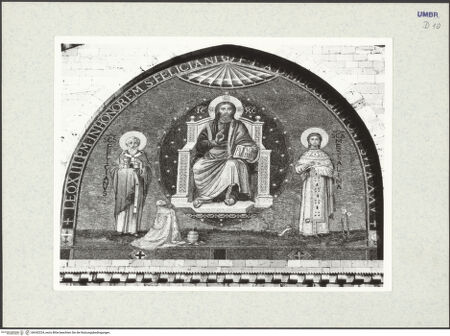 Vorderseite von Getty Research Institute [https://www.deutsche-digitale-bibliothek.de/content/lizenzen/rv-ez/] Thronender Christus zwischen den heiligen Felicianus und Messalina mit Papst Leo XIII. - Gesamtansicht, bh342224_recto. Foto: Hutzel, Max.