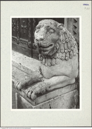 Vorderseite von Getty Research Institute [https://www.deutsche-digitale-bibliothek.de/content/lizenzen/rv-ez/] SeitenportalRechter Portallöwe - Gesamtansicht von schräg rechts, bh342235_recto. Foto: Hutzel, Max.