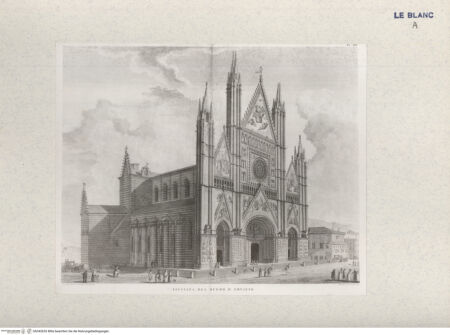 Vorderseite von Landesbildstelle Rheinland [http://creativecommons.org/publicdomain/mark/1.0/] Vordere perspektivische Ansicht des Domes (Taf. III aus Della Valle, G. 'Storia del Duomo di Orvieto', Rom 1791) - , bh342653. Foto.