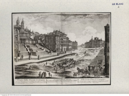 Vorderseite von Landesbildstelle Rheinland [http://creativecommons.org/publicdomain/mark/1.0/] Ansicht der Piazza di Spagna in Rom (aus 'Les plus beaux Edifices de Rome moderne...') - , bh342673. Foto.