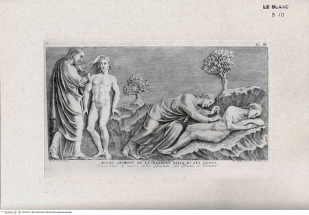 Vorderseite von Landesbildstelle Rheinland [http://creativecommons.org/publicdomain/mark/1.0/] Die Beseelung Adams (Taf. IX aus Della Valle, G. 'Storia del Duomo di Orvieto', Roma 1791) - , bh342727. Foto.