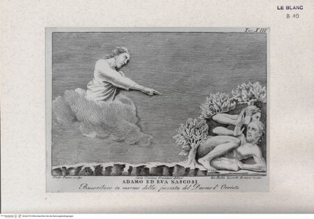 Vorderseite von Landesbildstelle Rheinland [http://creativecommons.org/publicdomain/mark/1.0/] Adam und Eva verstecken sich (Taf. XIII aus Della Valle, G. 'Storia del Duomo di Orvieto', Roma 1791) - , bh342732. Foto.