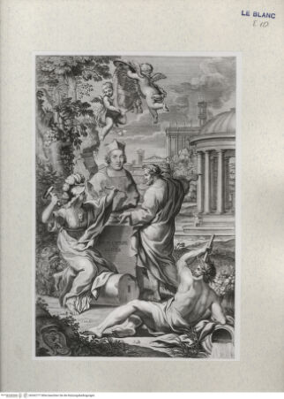 Vorderseite von Landesbildstelle Rheinland [http://creativecommons.org/publicdomain/mark/1.0/] Allegorie auf dem Ruhm eines Kardinals (der Sieg des Christentums über das Heidentum): Minerva, die die Statue des Kardinals anfertigt, ein Gelehrter, der auf einen Tempel weist, und ein Flussgott - , bh342777. Foto.