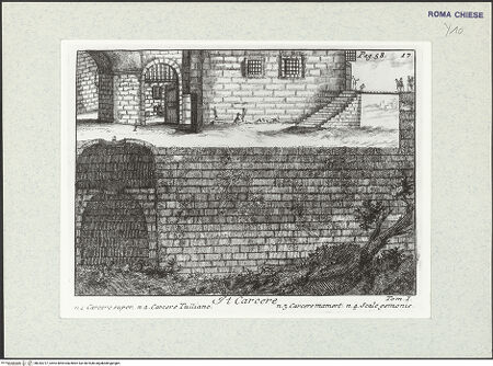 Vorderseite von Bibliotheca Hertziana [https://www.deutsche-digitale-bibliothek.de/content/lizenzen/rv-fz/] Accurata e succinta descrizione topografica delle antichità di Roma (2. Ausgabe)Taf. 17: Cappella San Pietro in Carcere (Carcere Mamertino e Tulliano) - (aus erster Ausgabe 1763?), bh343727_recto. Foto.