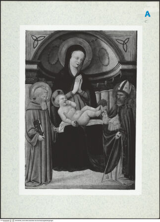 Vorderseite von Philadelphia Museum of Art [https://www.deutsche-digitale-bibliothek.de/content/lizenzen/rv-ez/] Thronende Madonna mit Kind flankiert vom Heiligen Benedikt und einem Heiligen Bischof - , bh344596_recto. Foto.
