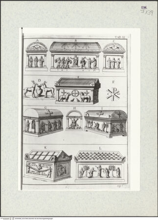 Vorderseite von Bibliotheca Hertziana [https://www.deutsche-digitale-bibliothek.de/content/lizenzen/rv-fz/] Joannis Ciampini Romani, Vetera monimenta, in quibus praecipue musiva opera sacrarum, profanarumque aedium structura, ac nonnulli antiqui ritus dissertationibus, iconibusque illustrantur. Secunda pars: a sexto Christi saeculo ad decimum. Accesserunt notae, in quibus nonnulla post autoris obitum immutata indicantur, Romae 1699. Ex typographia Bernabò, in Via MurattaeTav. III. Ravenna, Sant'apollinare in Classe: Sarkophag mit Traditio Legis (A, B, C); Sarkophag mit Pfauen und Lämmern (D, E, F). San Vitale, Sarkophag des Exarch Isacio des Armenier (G, H). Edicola di Braccioforte, Sarkophag der Familie Pignatta (I). Museo Nazionale, Sarkophag der Didio Concordiano (K) und Sarkophag mit der Traditio Legis (L) - Gesamtansicht, bh345468_recto. Foto.