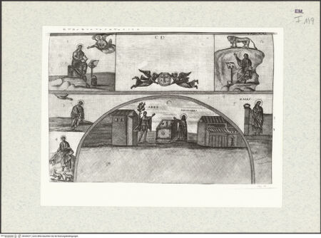 Vorderseite von Bibliotheca Hertziana [http://creativecommons.org/publicdomain/mark/1.0/] Joannis Ciampini Romani, Vetera monimenta, in quibus praecipue musiva opera sacrarum, profanarumque aedium structura, ac nonnulli antiqui ritus dissertationibus, iconibusque illustrantur. Secunda pars: a sexto Christi saeculo ad decimum. Accesserunt notae, in quibus nonnulla post autoris obitum immutata indicantur, Romae 1699. Ex typographia Bernabò, in Via MurattaeTav. XXI Ravenna, San Vitale, Presbyterium, Mosaik der Südwand: Die Evangelisten Matthäus und Markus; Moses und der brennende Dornbusch; Moses kommt zum Berg Horeb; Jesaja; das Opfer von Abel und Melchisedek - Gesamtansicht, bh345477_recto. Foto.