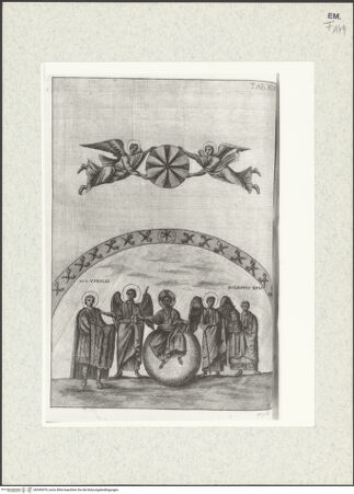 Vorderseite von Bibliotheca Hertziana [http://creativecommons.org/publicdomain/mark/1.0/] Joannis Ciampini Romani, Vetera monimenta, in quibus praecipue musiva opera sacrarum, profanarumque aedium structura, ac nonnulli antiqui ritus dissertationibus, iconibusque illustrantur. Secunda pars: a sexto Christi saeculo ad decimum. Accesserunt notae, in quibus nonnulla post autoris obitum immutata indicantur, Romae 1699. Ex typographia Bernabò, in Via MurattaeTav. XIX Ravenna, San Vitale, Apsis, Mosaik der Konches: Christus als Kosmokrator zwischen Engeln, dem heiligen Vitalis und Bischof Ecclesius - Gesamtansicht, bh345479_recto. Foto.