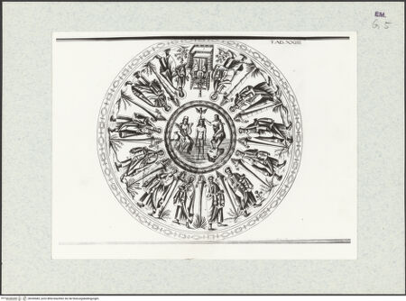 Vorderseite von Bibliotheca Hertziana [https://www.deutsche-digitale-bibliothek.de/content/lizenzen/rv-fz/] Joannis Ciampini Romani, Vetera monimenta, in quibus praecipue musiva opera sacrarum, profanarumque aedium structura, ac nonnulli antiqui ritus dissertationibus, iconibusque illustrantur. Secunda pars: a sexto Christi saeculo ad decimum. Accesserunt notae, in quibus nonnulla post autoris obitum immutata indicantur, Romae 1699. Ex typographia Bernabò, in Via MurattaeTav. XXIII. Ravenna, Baptisterium der Arianer, Kuppelmosaik mit der Taufe Christi im Zentrum und den Aposteln in dem umgebenden Kreisregister - Gesamtansicht, bh345483_recto. Foto.