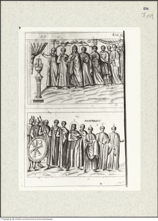 Vorderseite von Bibliotheca Hertziana [http://creativecommons.org/publicdomain/mark/1.0/] Joannis Ciampini Romani, Vetera monimenta, in quibus praecipue musiva opera sacrarum, profanarumque aedium structura, ac nonnulli antiqui ritus dissertationibus, iconibusque illustrantur. Secunda pars: a sexto Christi saeculo ad decimum. Accesserunt notae, in quibus nonnulla post autoris obitum immutata indicantur, Romae 1699. Ex typographia Bernabò, in Via MurattaeTav. XXII Ravenna, San Vitale, Presbyterium, Mosaik der Apsis: Die Opferung der Kaiserin Teodora; Die Opferung von Kaiser Justinian - Gesamtansicht, bh345484_recto. Foto.