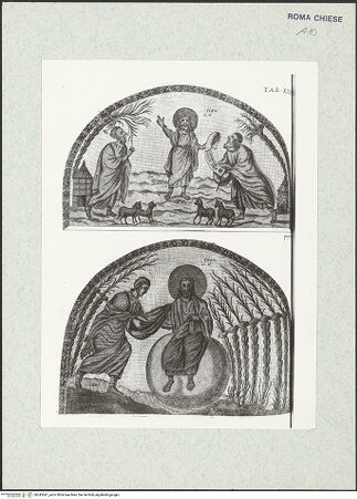 Vorderseite von Bibliotheca Hertziana [http://creativecommons.org/licenses/by-nc-sa/4.0/] Ciampini, Giovanni Giustino: De sacris aedificiis a Constantino Magno constructis, Rom 1693Tav. XXXII, fig. 1 Mosaik der linken Apsis, fig. 2 Mosaik der rechten Apsis von Santa Costanza - , bh345547_recto. Foto.