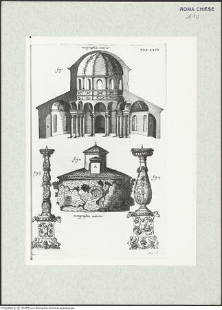 Vorderseite von Bibliotheca Hertziana [http://creativecommons.org/licenses/by-nc-sa/4.0/] Ciampini, Giovanni Giustino: De sacris aedificiis a Constantino Magno constructis, Rom 1693Tav. XXIX: Schnitt, Außenansicht und Kandelaberdetails aus Santa Costanza, Rom - , bh345550_recto. Foto.