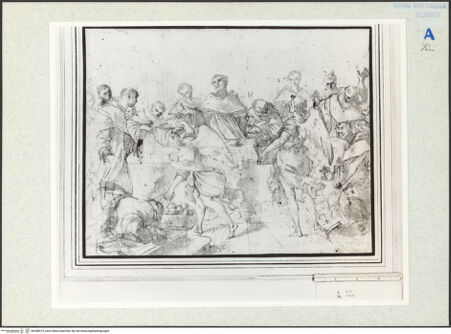 Vorderseite von Royal Collection Enterprises Limited [https://www.deutsche-digitale-bibliothek.de/content/lizenzen/rv-ez/] Der heilige Dominikus und seine Brüder werden von Engeln mit Brot bewirtet - , bh348573_recto. Foto.