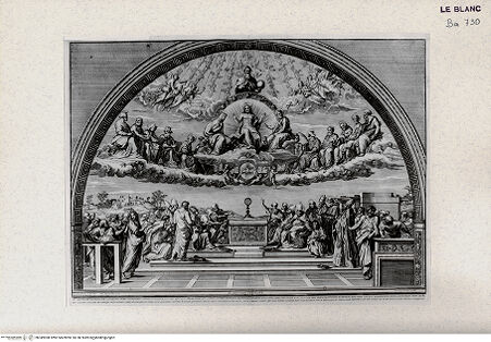 Vorderseite von Veste Coburg [http://creativecommons.org/publicdomain/mark/1.0/] "Picturae Raphaelis Sanctij Urbinatis ex aula et conclavibus Palatij Vaticani"Der Triumph der Eucharistie (Stanza della Segnatura) - , bh349908. Foto.