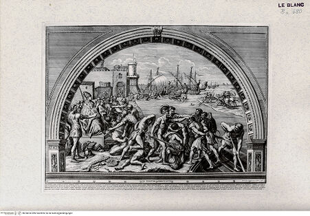 Vorderseite von Veste Coburg [http://creativecommons.org/publicdomain/mark/1.0/] "Picturae Raphaelis Sanctij Urbinatis ex aula et conclavibus Palatij Vaticani"Die Schlacht von Ostia (Stanza dell'Incendio di Borgo) (Bl 16) - , bh350020. Foto.