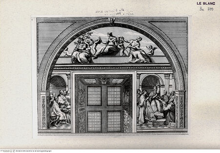 Vorderseite von Veste Coburg [http://creativecommons.org/publicdomain/mark/1.0/] "Picturae Raphaelis Sanctij Urbinatis ex aula et conclavibus Palatij Vaticani"Drei allegorische Figuren: Vorsicht, Stärke, Mäßigung; Kaiser Justinian übergibt die Pandekten; Papst Gregor IX. übergibt die Dekretalen (Stanza della Segnatura) - , bh350025. Foto.