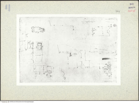 Vorderseite von Kunstbibliothek [https://www.deutsche-digitale-bibliothek.de/content/lizenzen/rv-ez/] Codex Destailleur DCaracalla-Thermen: Grundriss und Aufriss-Skizze einer Wand und verschiedener Elemente - , bh350345_recto. Foto.