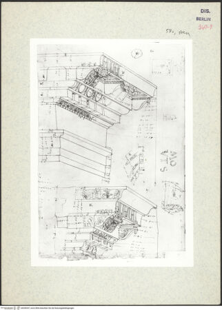 Vorderseite von Kunstbibliothek [https://www.deutsche-digitale-bibliothek.de/content/lizenzen/rv-ez/] Codex Destailleur DConstantins-Bogen: Gebälk mit Konsolgesims, Kämpfergesims des Hauptbogens - , bh350347_recto. Foto.