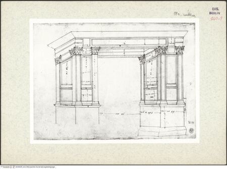 Vorderseite von Kunstbibliothek [https://www.deutsche-digitale-bibliothek.de/content/lizenzen/rv-ez/] Codex Destailleur DArgentarier-Bogen: Aufriss des Bogens mit perspektivischer Ansicht der Tiefenstreckung - , bh350349_recto. Foto.
