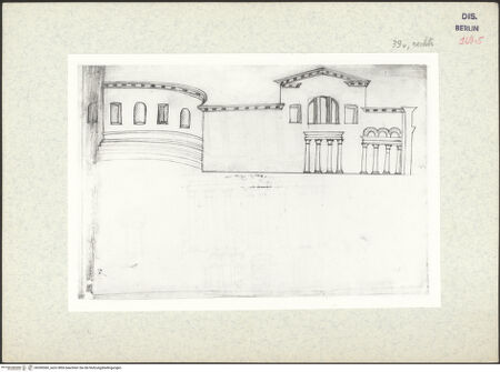 Vorderseite von Kunstbibliothek [https://www.deutsche-digitale-bibliothek.de/content/lizenzen/rv-ez/] Codex Destailleur DTitus-Thermen: Innenaufriss der Umfassungsmauer mit Blick in die Stadion-Exedra - , bh350360_recto. Foto.