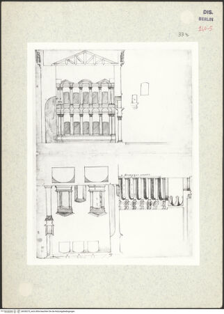 Vorderseite von Kunstbibliothek [https://www.deutsche-digitale-bibliothek.de/content/lizenzen/rv-ez/] Codex Destailleur DCaracalla-Thermen: Aufriss mit Rekonstruktion eines Dachstuhls. Schnitt durch einen Saal mit Nischen und Aufriss des Kolonnadenhofs - , bh350375_recto. Foto.