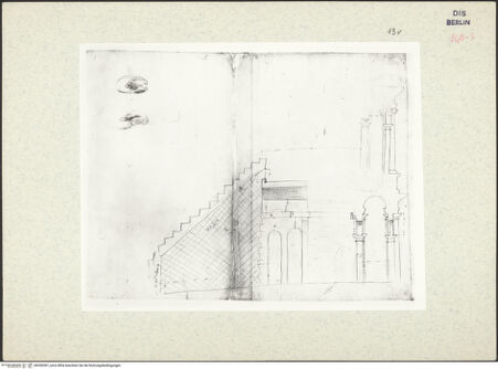 Vorderseite von Kunstbibliothek [https://www.deutsche-digitale-bibliothek.de/content/lizenzen/rv-ez/] Codex Destailleur DMarcellus-Theater: Schnitt des Theaters, Skizze eines Tierschädels - , bh350387_recto. Foto.