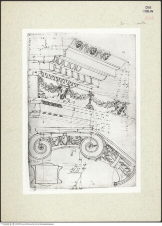Vorderseite von Kunstbibliothek [https://www.deutsche-digitale-bibliothek.de/content/lizenzen/rv-ez/] Codex Destailleur DPortunus-Tempel: Gebälk des Tempels und Aufmaß eines ionischen Kapitells - , bh350393_recto. Foto.