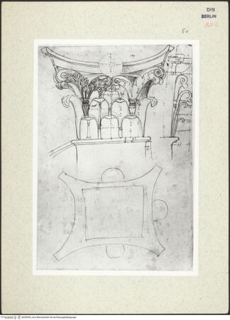 Vorderseite von Kunstbibliothek [https://www.deutsche-digitale-bibliothek.de/content/lizenzen/rv-ez/] Codex Destailleur DSerapis-Tempel: Ansicht und Schnitt eines korinthischen Pfeilerkapitells - , bh350396_recto. Foto.