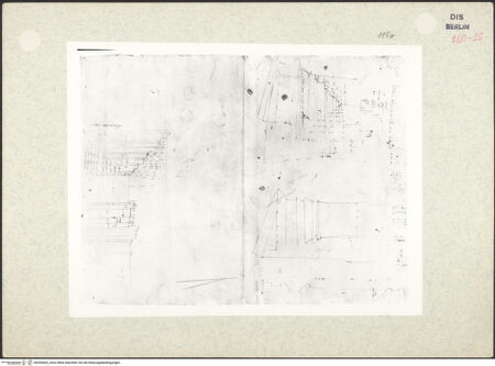 Vorderseite von Kunstbibliothek [https://www.deutsche-digitale-bibliothek.de/content/lizenzen/rv-ez/] Codex Destailleur DMarcellus-Theater: Maßskizzen zu Gebälk und Giebeln, eine Wand mit Halbsäulen - , bh350402_recto. Foto.