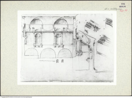 Vorderseite von Kunstbibliothek [https://www.deutsche-digitale-bibliothek.de/content/lizenzen/rv-ez/] Codex Destailleur DS. Urbano della Caffarella: Schnitt und Aufriss der Längswand, Querschnitt durch die rechte Hälfte des Tempels mit Aufriss der Rückwand, Details zu Gesims, Kapitell und Gebälk - Unteres Teilblatt: Schnitt und Aufriss der Längswand, Querschnitt durch die rechte Hälfte des Tempels mit Aufriss der Rückwand, bh350405_recto. Foto.