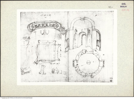 Vorderseite von Kunstbibliothek [https://www.deutsche-digitale-bibliothek.de/content/lizenzen/rv-ez/] Codex Destailleur DIonisches Eckkapitell aus San Pietro in Tivoli, sowie Schnitt und Grundriss eines antiken Rundbaus - , bh350426_recto. Foto.