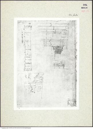 Vorderseite von Kunstbibliothek [https://www.deutsche-digitale-bibliothek.de/content/lizenzen/rv-ez/] Codex Destailleur DS. Costanza: Aufmaß eines Säulenschaftes, Skizze von Kapitel, Gebälk und Basis, Gesims über einem Fenster oder Türrahmen - Gesamtansicht, bh350430_recto. Foto.