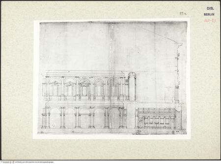 Vorderseite von Kunstbibliothek [https://www.deutsche-digitale-bibliothek.de/content/lizenzen/rv-ez/] Codex Destailleur DPalazzo Farnese: Hofuntergeschoss mit Schnitt von Andron und Fassade - , bh350434_recto. Foto.