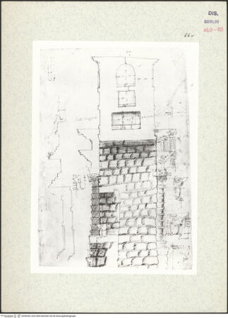 Vorderseite von Kunstbibliothek [https://www.deutsche-digitale-bibliothek.de/content/lizenzen/rv-ez/] Codex Destailleur DPorta Maggiore: Schnitt durch das Tor und Aufmaße einzelner Details - , bh350439_recto. Foto.