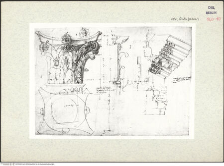 Vorderseite von Kunstbibliothek [https://www.deutsche-digitale-bibliothek.de/content/lizenzen/rv-ez/] Codex Destailleur DS. Urbano della Caffarella: Schnitt und Aufriss der Längswand, Querschnitt durch die rechte Hälfte des Tempels mit Aufriss der Rückwand, Details zu Gesims, Kapitell und Gebälk - Oberes Teilblatt: Aufnahme eines korinthischen Kapitells, Profil eines Gebälks mit Polsterfries, Konsolgesims, Profil einer Basis, bh350442_recto. Foto.