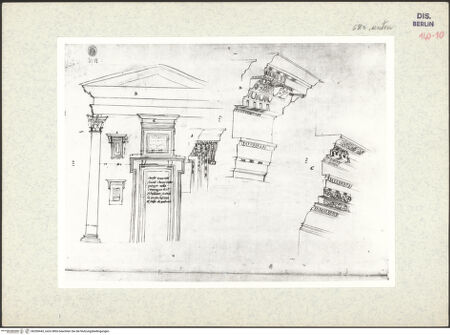 Vorderseite von Kunstbibliothek [https://www.deutsche-digitale-bibliothek.de/content/lizenzen/rv-ez/] Codex Destailleur DS. Urbano della Caffarella: Grundrisse und Aufriss der Fassade, Profil von Gesims und Gebälk, Details des Fensterrahmens - Unteres Teilblatt: Aufriss der Fassade, Profil von Gesims und Gebälk, Details des Fensterahmens, bh350443_recto. Foto.