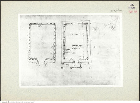 Vorderseite von Kunstbibliothek [https://www.deutsche-digitale-bibliothek.de/content/lizenzen/rv-ez/] Codex Destailleur DS. Urbano della Caffarella: Grundrisse und Aufriss der Fassade, Profil von Gesims und Gebälk, Details des Fensterrahmens - Oberes Teilblatt: Zwei Grundrisse und Skizze einer Eckvolute, bh350444_recto. Foto.