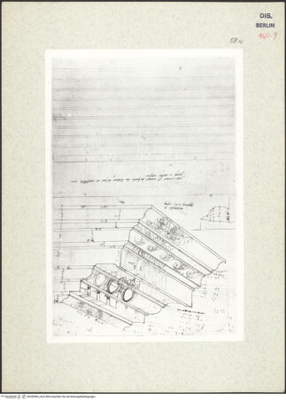 Vorderseite von Kunstbibliothek [https://www.deutsche-digitale-bibliothek.de/content/lizenzen/rv-ez/] Codex Destailleur DConstantins-Bogen: Gesims mit Ornamenten und Maßen, Linien für Kopie der Inschriften - , bh350446_recto. Foto.