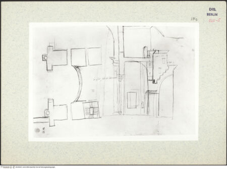 Vorderseite von Kunstbibliothek [https://www.deutsche-digitale-bibliothek.de/content/lizenzen/rv-ez/] Codex Destailleur DCaracalla-Thermen: Teilgrundriss und Schnitt des Saals und der angrenzenden Räume - , bh350447_recto. Foto.
